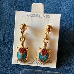 Gold-Tone Turquoise & Red  turte Drop Earrings - Unbranded